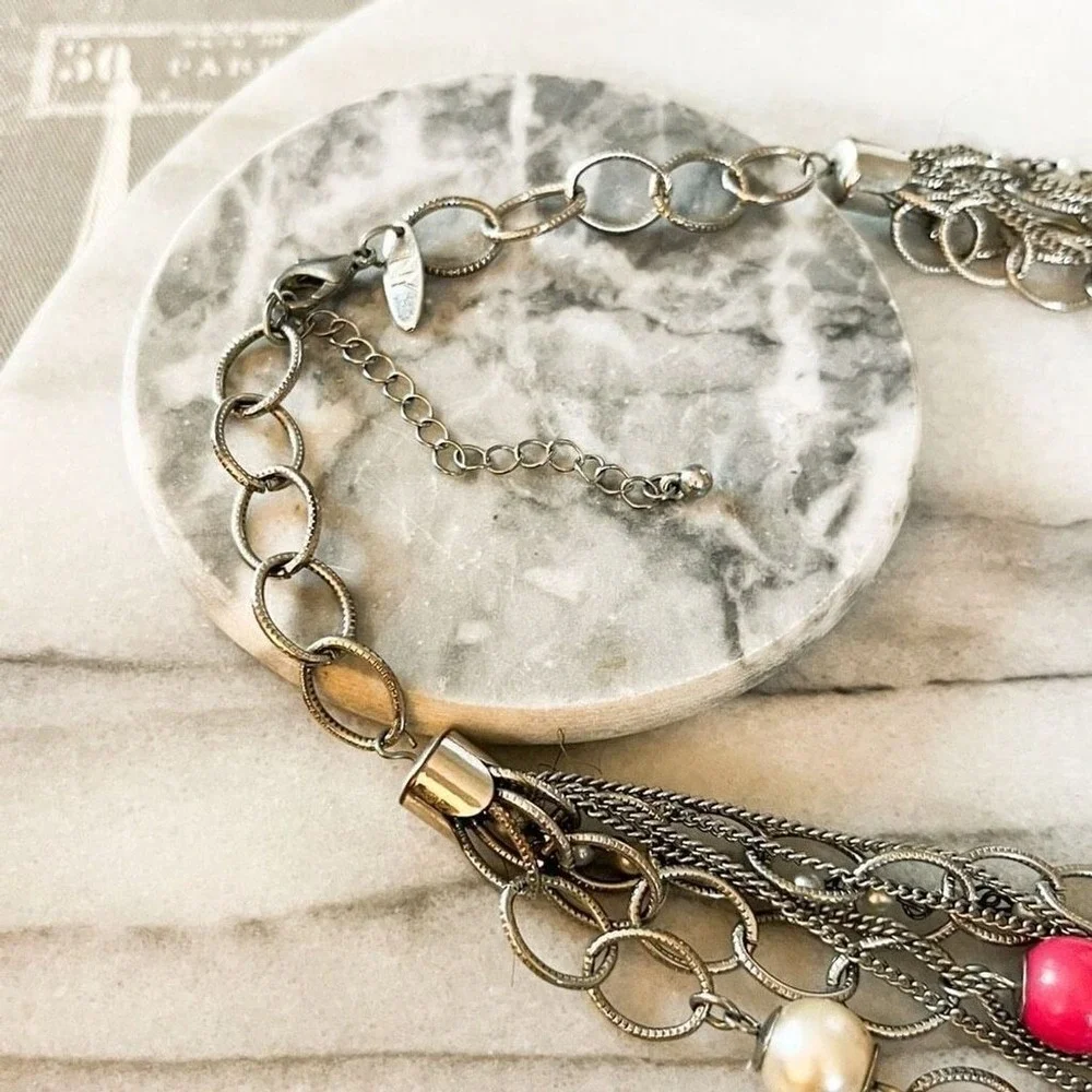 New York & Co Layered Silver Tone‎ Chain Necklace | Pink Bead | Multi Strand Y2K